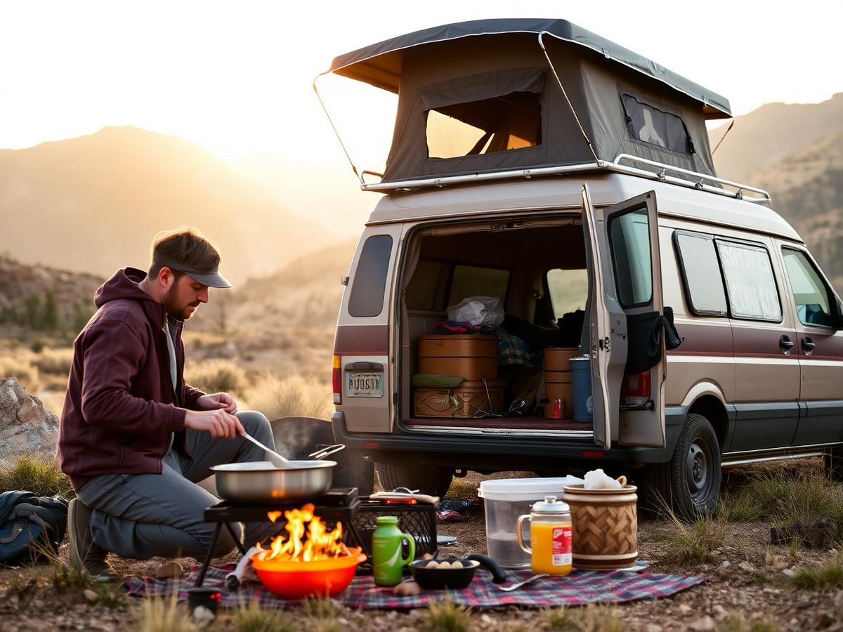 Cooking breakfast beside a camper van in the mountains