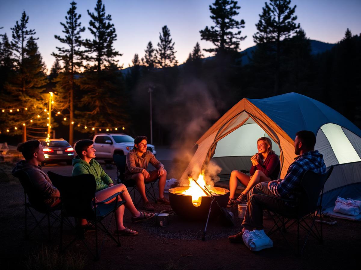 Friends sitting around a campfire at a Colorado campsite at dusk